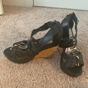 Black zebra and braided wedges. Size 8